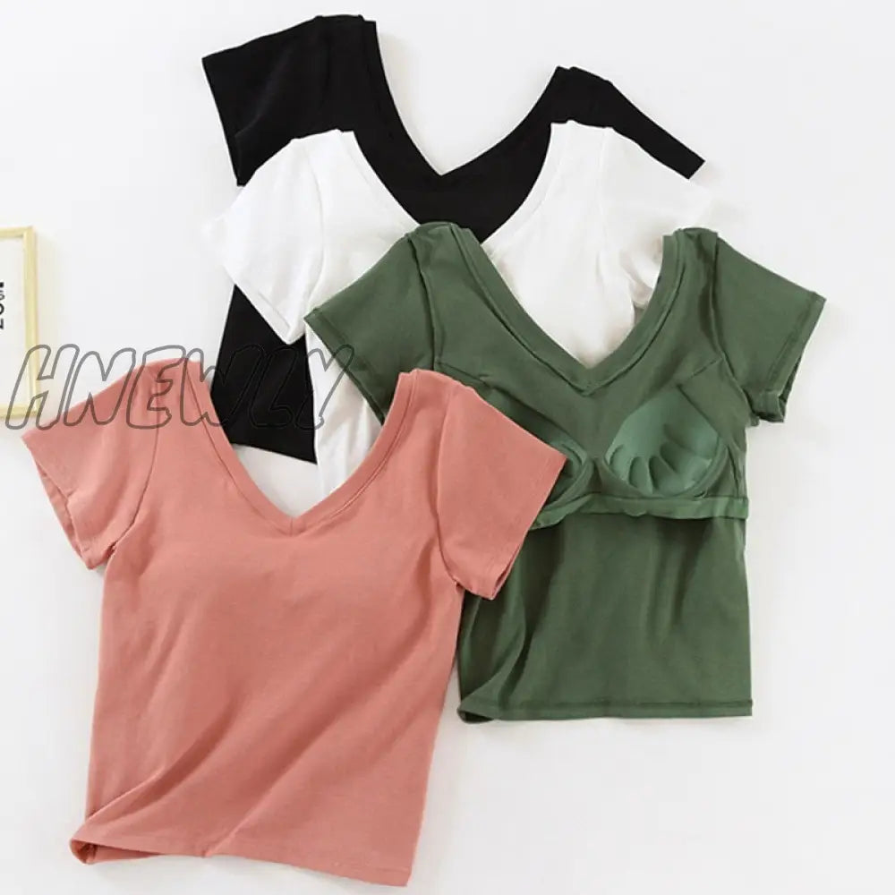 Hnewly Cotton Short-Sleeve T-Shirt Chest Pads Women's Summer One-Piece Sleep Tops V-Neck Outer Wear Slim Sleepwear 1 Pcs Pajamas