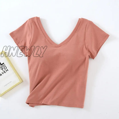 Hnewly Cotton Short-Sleeve T-Shirt Chest Pads Women's Summer One-Piece Sleep Tops V-Neck Outer Wear Slim Sleepwear 1 Pcs Pajamas