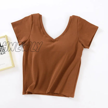 Hnewly Cotton Short-Sleeve T-Shirt Chest Pads Women's Summer One-Piece Sleep Tops V-Neck Outer Wear Slim Sleepwear 1 Pcs Pajamas