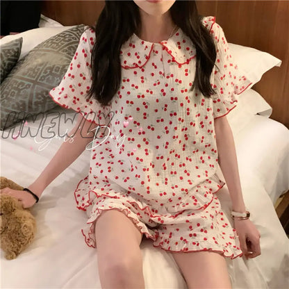 Hnewly Cotton Sleepwear Korean Pajamas for Women Summer Pijama Cherry Print Pyjamas Female Set Woman 2 Piece Cute Loungewear