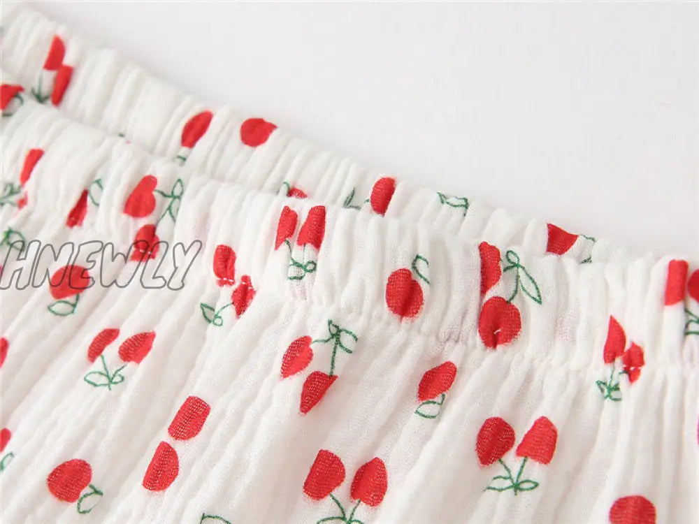 Hnewly Cotton Sleepwear Korean Pajamas for Women Summer Pijama Cherry Print Pyjamas Female Set Woman 2 Piece Cute Loungewear