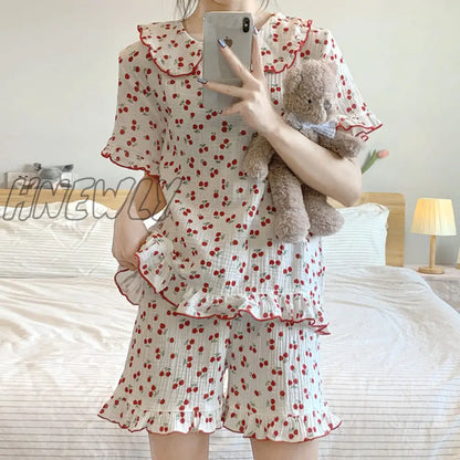 Hnewly Cotton Sleepwear Korean Pajamas for Women Summer Pijama Cherry Print Pyjamas Female Set Woman 2 Piece Cute Loungewear