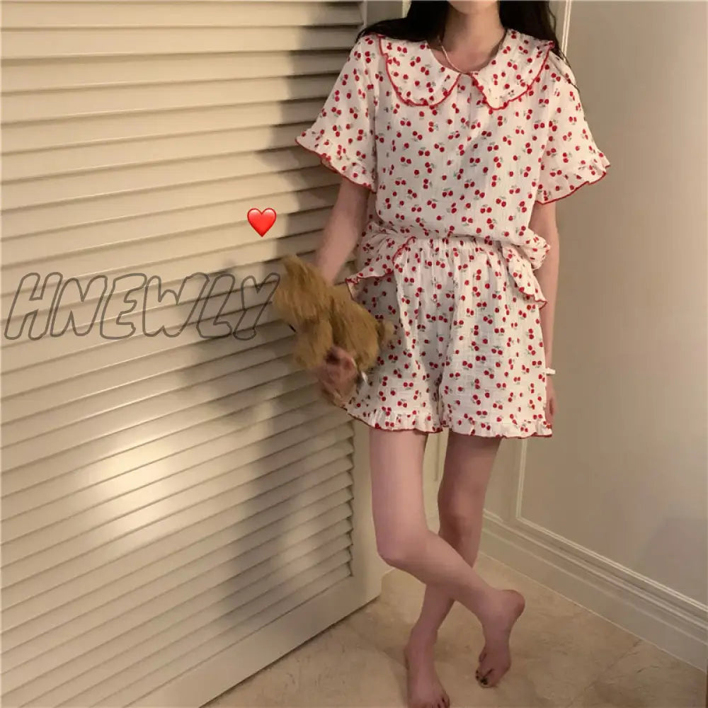 Hnewly Cotton Sleepwear Korean Pajamas for Women Summer Pijama Cherry Print Pyjamas Female Set Woman 2 Piece Cute Loungewear