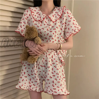 Hnewly Cotton Sleepwear Korean Pajamas for Women Summer Pijama Cherry Print Pyjamas Female Set Woman 2 Piece Cute Loungewear