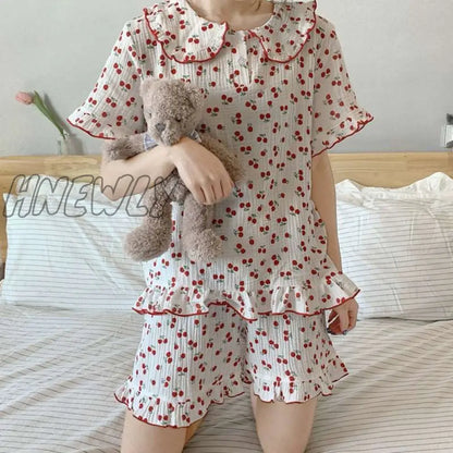 Hnewly Cotton Sleepwear Korean Pajamas for Women Summer Pijama Cherry Print Pyjamas Female Set Woman 2 Piece Cute Loungewear