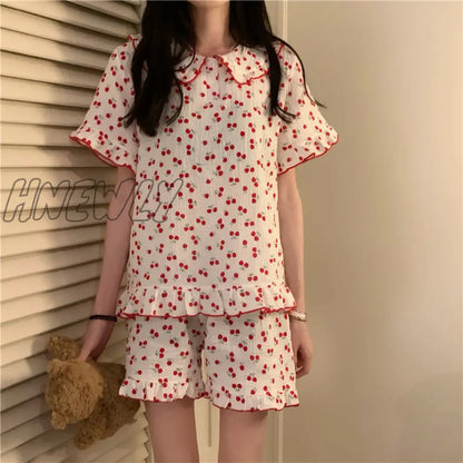 Hnewly Cotton Sleepwear Korean Pajamas for Women Summer Pijama Cherry Print Pyjamas Female Set Woman 2 Piece Cute Loungewear