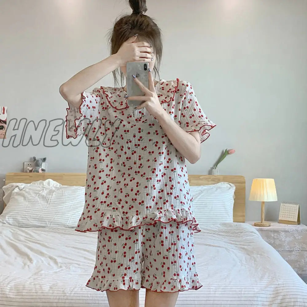 Hnewly Cotton Sleepwear Korean Pajamas for Women Summer Pijama Cherry Print Pyjamas Female Set Woman 2 Piece Cute Loungewear