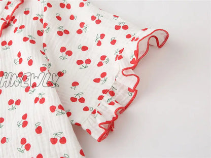 Hnewly Cotton Sleepwear Korean Pajamas for Women Summer Pijama Cherry Print Pyjamas Female Set Woman 2 Piece Cute Loungewear