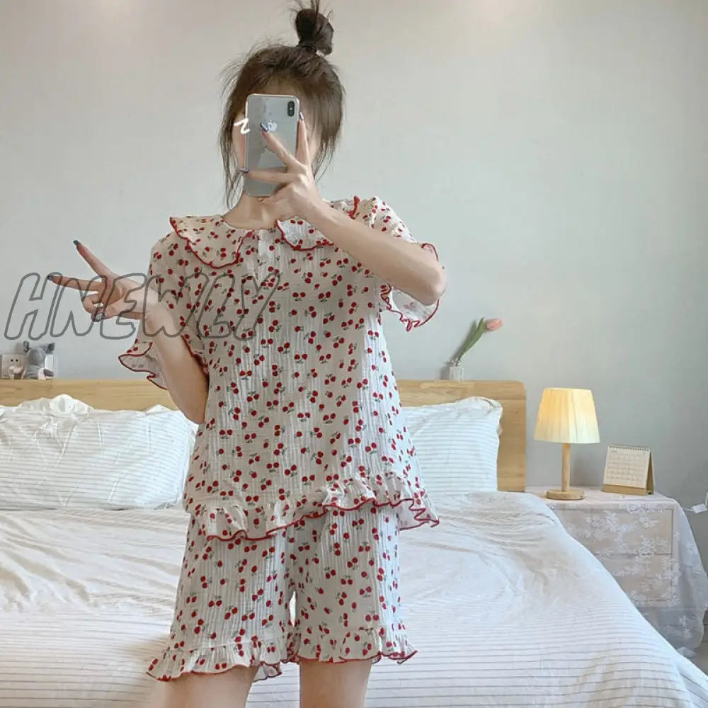 Hnewly Cotton Sleepwear Korean Pajamas for Women Summer Pijama Cherry Print Pyjamas Female Set Woman 2 Piece Cute Loungewear