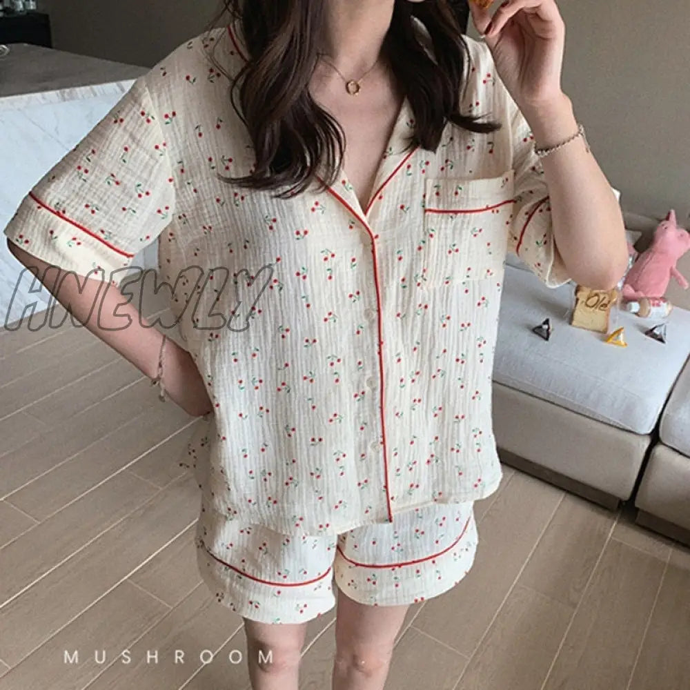 Hnewly Cotton Sleepwear Korean Pajamas for Women Summer Pijama Cherry Print Pyjamas Female Set Woman 2 Piece Cute Loungewear