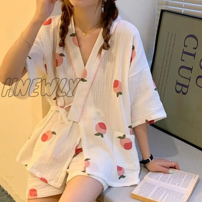 Hnewly Cotton Sleepwear Korean Pajamas for Women Summer Pijama Cherry Print Pyjamas Female Set Woman 2 Piece Cute Loungewear