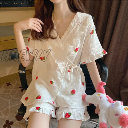 Hnewly Cotton Sleepwear Korean Pajamas for Women Summer Pijama Cherry Print Pyjamas Female Set Woman 2 Piece Cute Loungewear