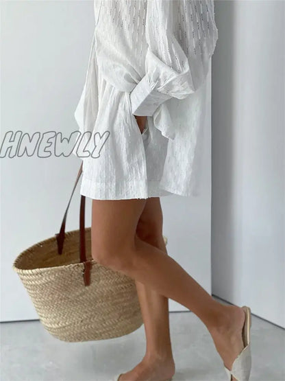 xsrrr Cotton Women's Summer Suit Oversized Top Shirts And Shorts Two-Piece Sets Outfits White Casual Hollow Out Suit Female