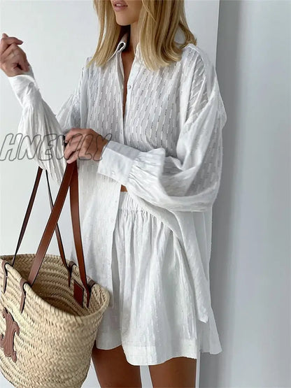 xsrrr Cotton Women's Summer Suit Oversized Top Shirts And Shorts Two-Piece Sets Outfits White Casual Hollow Out Suit Female