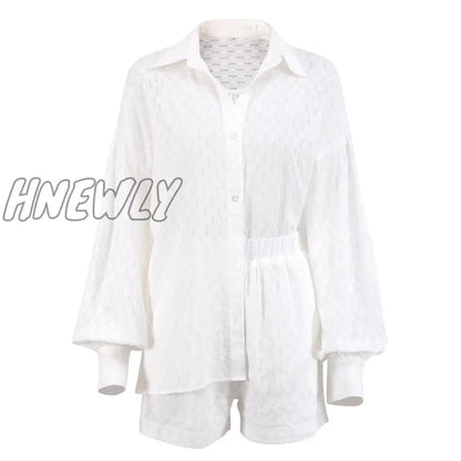 xsrrr Cotton Women's Summer Suit Oversized Top Shirts And Shorts Two-Piece Sets Outfits White Casual Hollow Out Suit Female