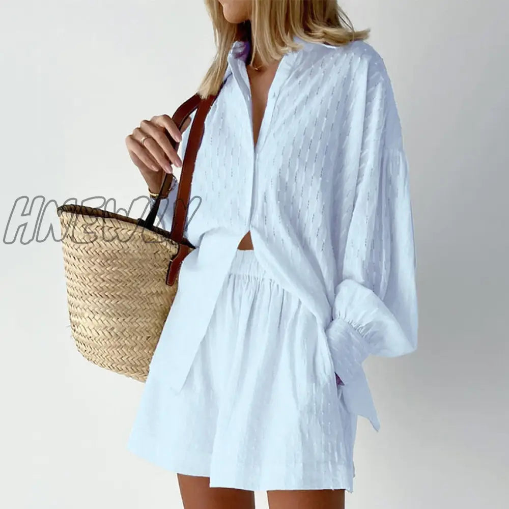 xsrrr Cotton Women's Summer Suit Oversized Top Shirts And Shorts Two-Piece Sets Outfits White Casual Hollow Out Suit Female