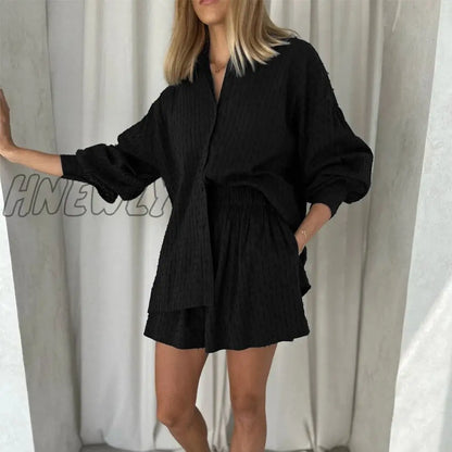 xsrrr Cotton Women's Summer Suit Oversized Top Shirts And Shorts Two-Piece Sets Outfits White Casual Hollow Out Suit Female