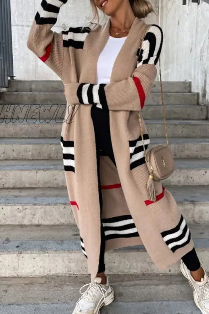 xsrrr - Cream White Casual Striped Patchwork Cardigan Collar Outerwear