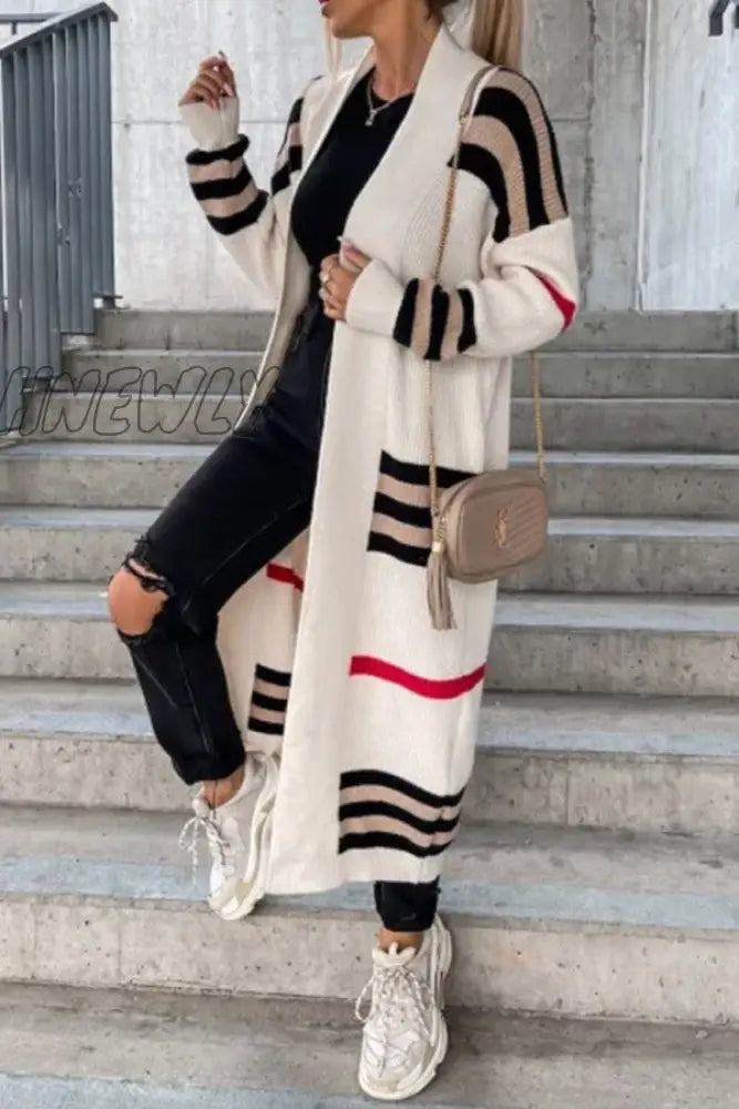 xsrrr - Cream White Casual Striped Patchwork Cardigan Collar Outerwear