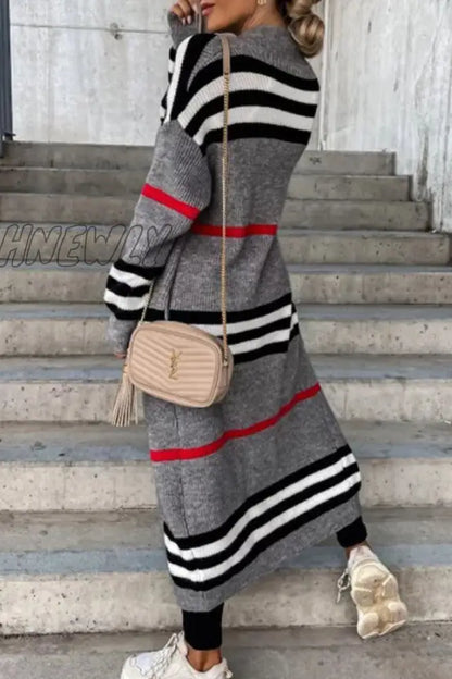 xsrrr - Cream White Casual Striped Patchwork Cardigan Collar Outerwear