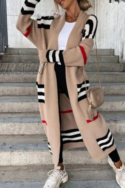 xsrrr - Cream White Casual Striped Patchwork Cardigan Collar Outerwear