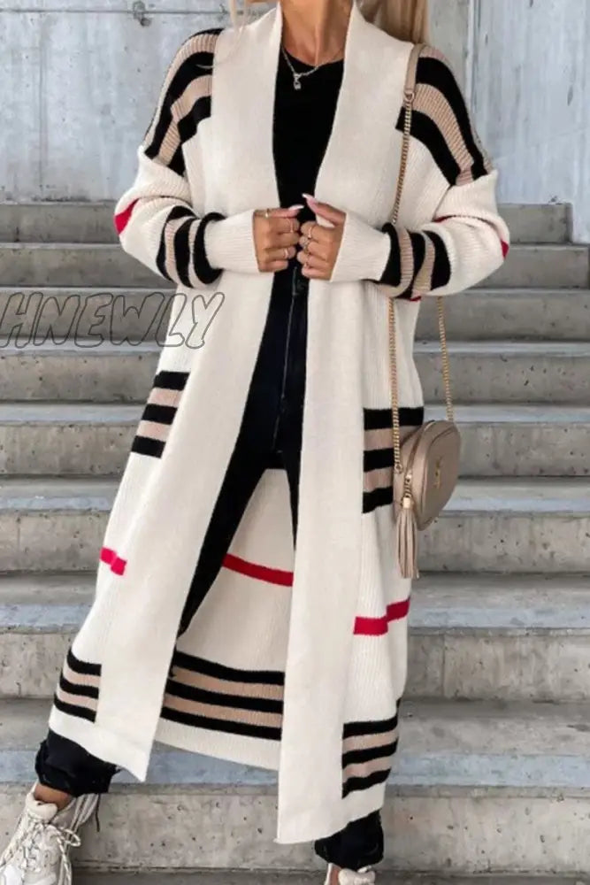 xsrrr - Cream White Casual Striped Patchwork Cardigan Collar Outerwear