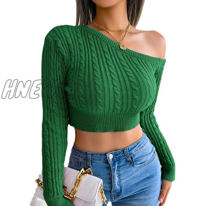 Hnewly Cropped Sweaters Autumn One Off Shoulder Long Lantern Sleeve Short Knitted Pullover Tops