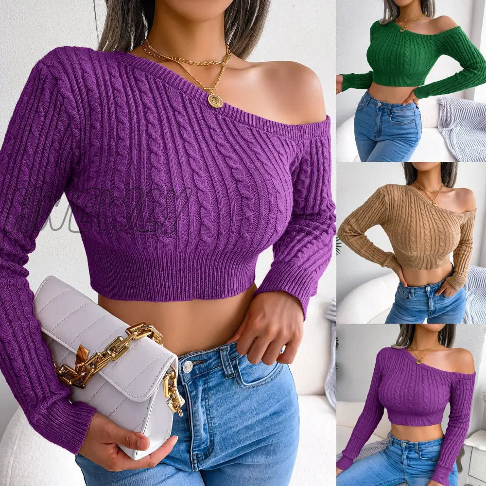 Hnewly Cropped Sweaters Autumn One Off Shoulder Long Lantern Sleeve Short Knitted Pullover Tops