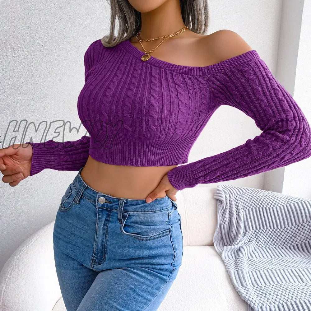 Hnewly Cropped Sweaters Autumn One Off Shoulder Long Lantern Sleeve Short Knitted Pullover Tops