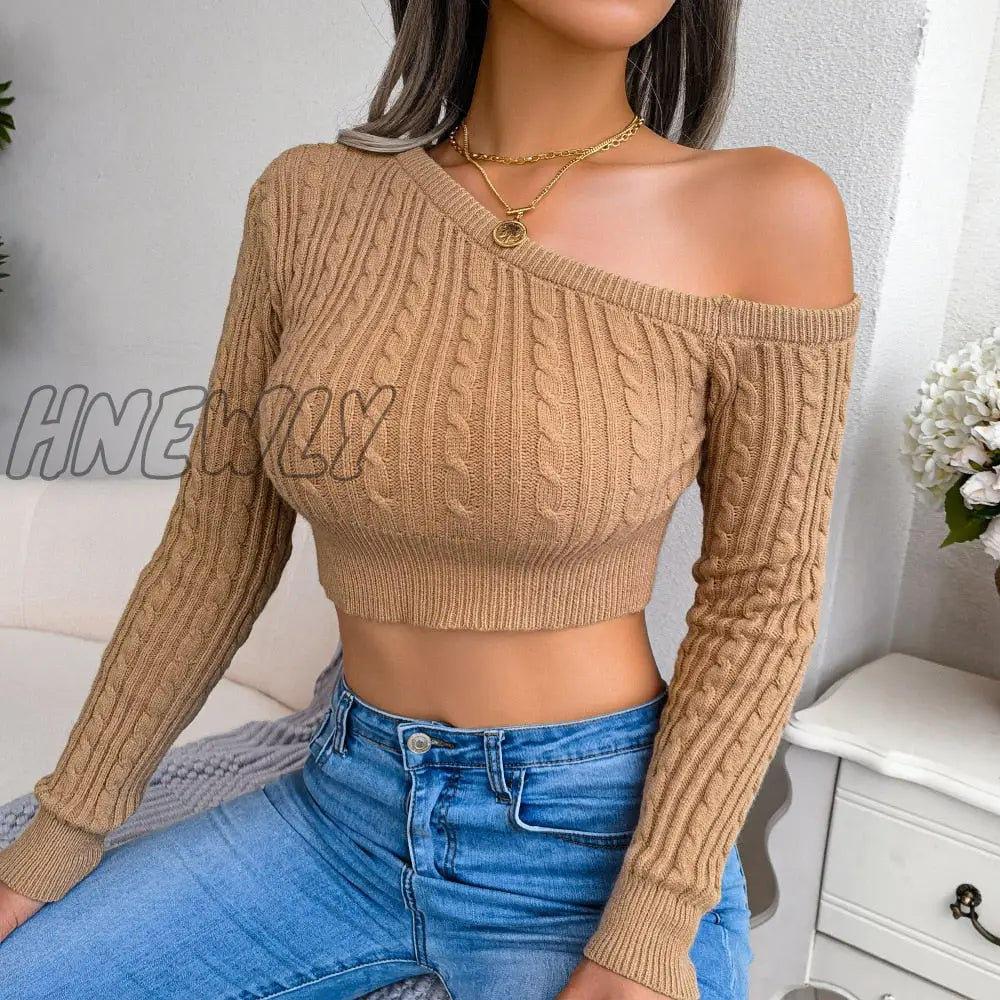 Hnewly Cropped Sweaters Autumn One Off Shoulder Long Lantern Sleeve Short Knitted Pullover Tops