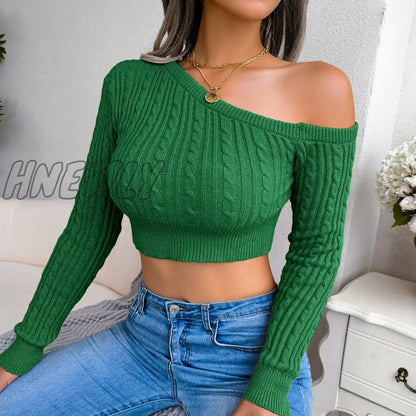 Hnewly Cropped Sweaters Autumn One Off Shoulder Long Lantern Sleeve Short Knitted Pullover Tops