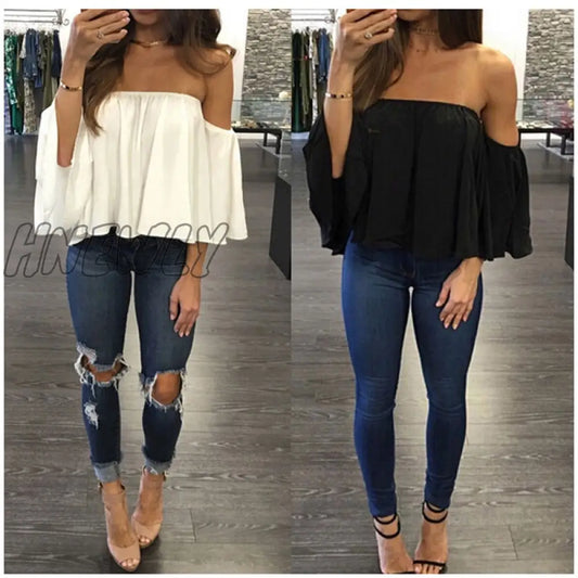 xsrrr Cropped Tops Kawaii Summer Shirts Flare Sleeve Blusa Feminina Women Blouse Chiffon Blusas Sexy Off Shoulder Top Party