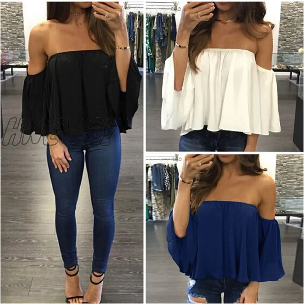 xsrrr Cropped Tops Kawaii Summer Shirts Flare Sleeve Blusa Feminina Women Blouse Chiffon Blusas Sexy Off Shoulder Top Party