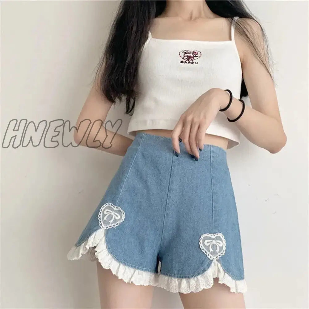 xsrrr Cute Lolita Girls Denim Shorts Japanese Sweet High Waist Lace Irregular Women's Shorts S-4XL Summer Kawaii Sexy Blue Shorts Trendy Summer Fits