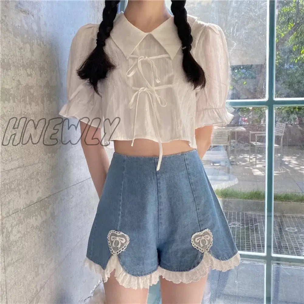 xsrrr Cute Lolita Girls Denim Shorts Japanese Sweet High Waist Lace Irregular Women's Shorts S-4XL Summer Kawaii Sexy Blue Shorts Trendy Summer Fits