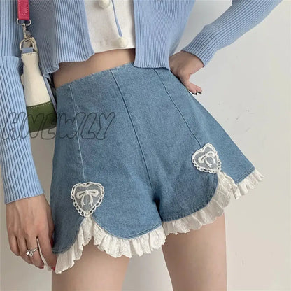 xsrrr Cute Lolita Girls Denim Shorts Japanese Sweet High Waist Lace Irregular Women's Shorts S-4XL Summer Kawaii Sexy Blue Shorts Trendy Summer Fits