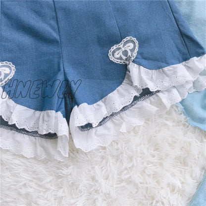 xsrrr Cute Lolita Girls Denim Shorts Japanese Sweet High Waist Lace Irregular Women's Shorts S-4XL Summer Kawaii Sexy Blue Shorts Trendy Summer Fits