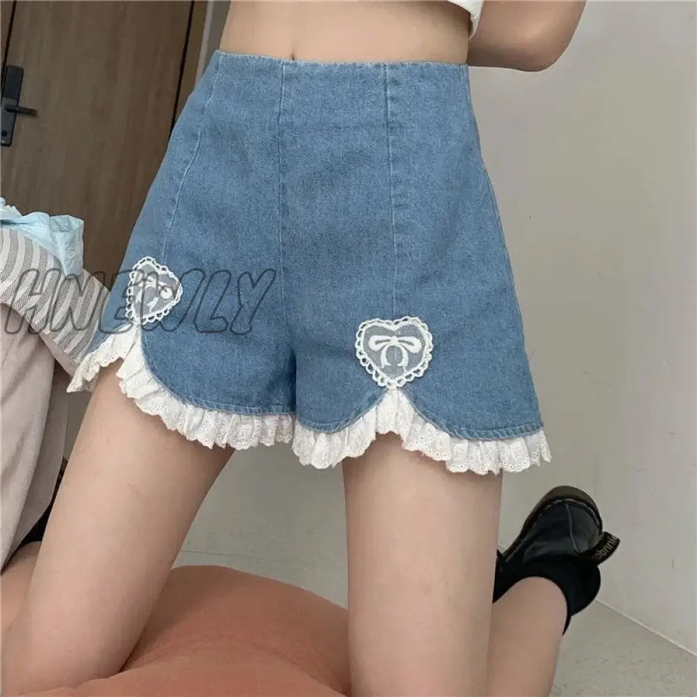 xsrrr Cute Lolita Girls Denim Shorts Japanese Sweet High Waist Lace Irregular Women's Shorts S-4XL Summer Kawaii Sexy Blue Shorts Trendy Summer Fits