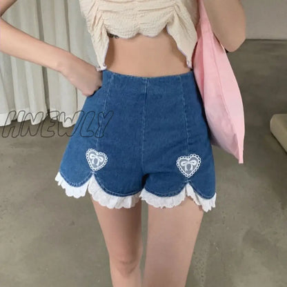 xsrrr Cute Lolita Girls Denim Shorts Japanese Sweet High Waist Lace Irregular Women's Shorts S-4XL Summer Kawaii Sexy Blue Shorts Trendy Summer Fits