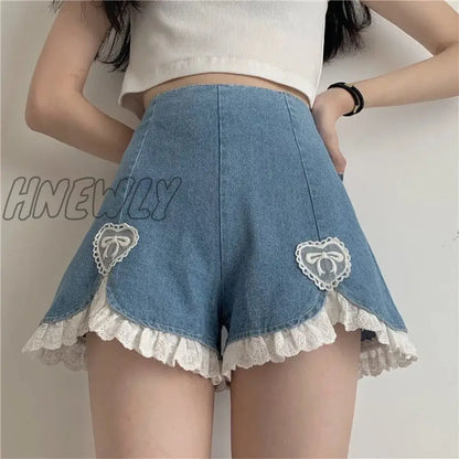 xsrrr Cute Lolita Girls Denim Shorts Japanese Sweet High Waist Lace Irregular Women's Shorts S-4XL Summer Kawaii Sexy Blue Shorts Trendy Summer Fits