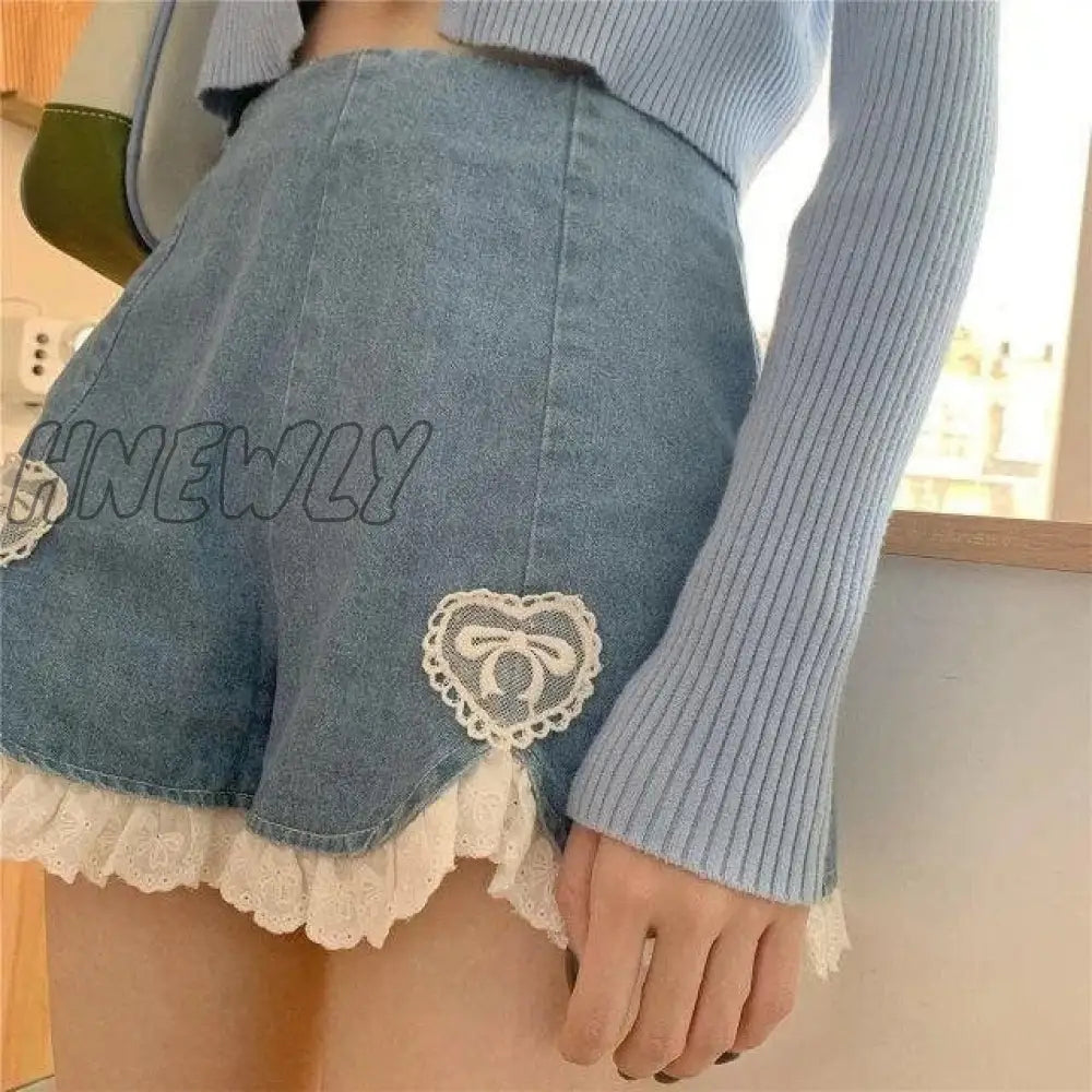 xsrrr Cute Lolita Girls Denim Shorts Japanese Sweet High Waist Lace Irregular Women's Shorts S-4XL Summer Kawaii Sexy Blue Shorts Trendy Summer Fits