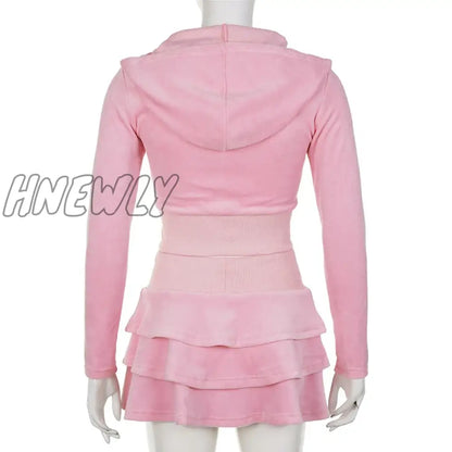 xsrrr Cutecore Sweet Pink Velour Autumn Skirt Women Korean Shirring High Waist A-Line Skirts Mini Three-Layer Birthday