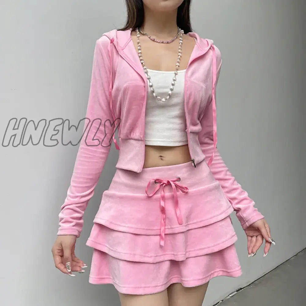 xsrrr Cutecore Sweet Pink Velour Autumn Skirt Women Korean Shirring High Waist A-Line Skirts Mini Three-Layer Birthday