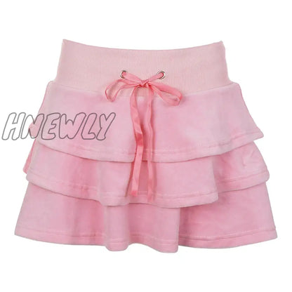 xsrrr Cutecore Sweet Pink Velour Autumn Skirt Women Korean Shirring High Waist A-Line Skirts Mini Three-Layer Birthday