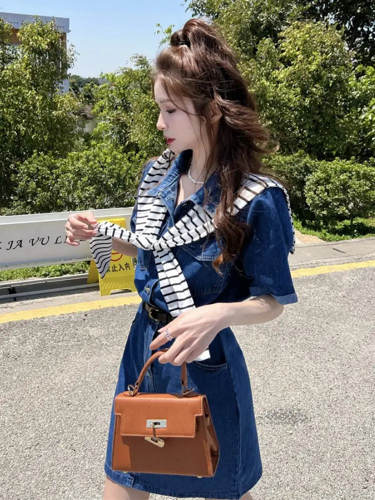 xsrrr Denim Mini Dress Women Korean Style Casual Pocket Patchwork Button Belt Short Sleeve Chic Shirt Dress Summer Streetwear