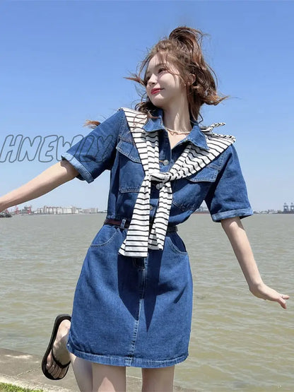 xsrrr Denim Mini Dress Women Korean Style Casual Pocket Patchwork Button Belt Short Sleeve Chic Shirt Dress Summer Streetwear