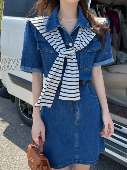 xsrrr Denim Mini Dress Women Korean Style Casual Pocket Patchwork Button Belt Short Sleeve Chic Shirt Dress Summer Streetwear