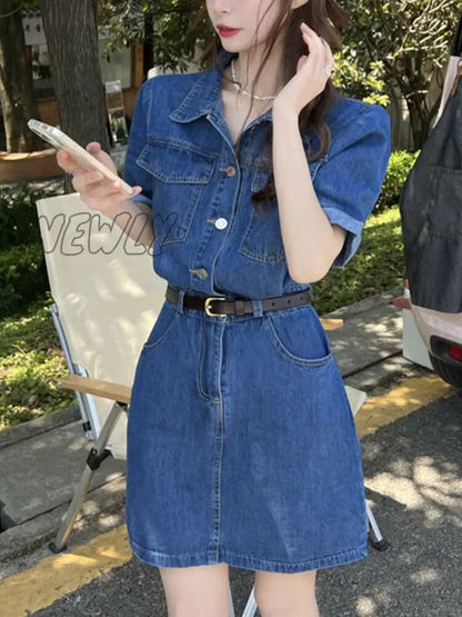 xsrrr Denim Mini Dress Women Korean Style Casual Pocket Patchwork Button Belt Short Sleeve Chic Shirt Dress Summer Streetwear