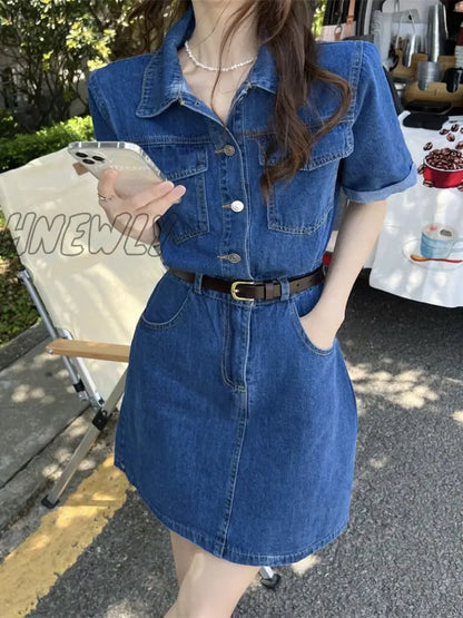 xsrrr Denim Mini Dress Women Korean Style Casual Pocket Patchwork Button Belt Short Sleeve Chic Shirt Dress Summer Streetwear