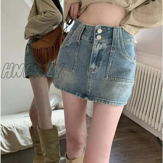 xsrrr Denim Mini Skirt Women High Waist A-line Pockets Distressed Sexy Vintage Jeans Skirt Summer Cowgirl Streetwear